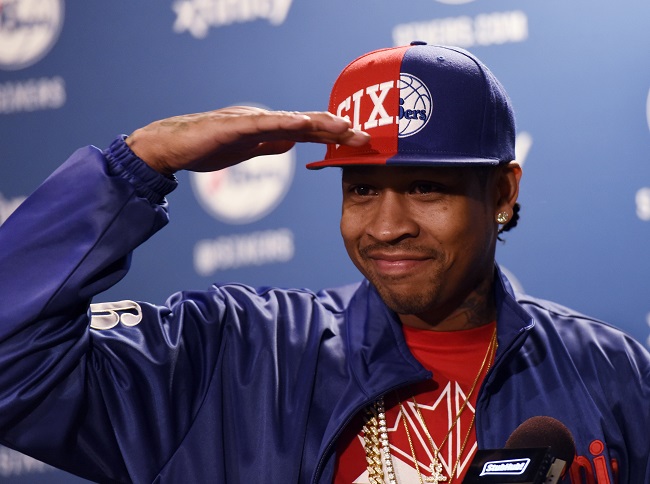 Philadelphia 76ers&#039 Allen Iverson talks to reporters during a news conference before an NBA basketball game against the New York Knicks Friday