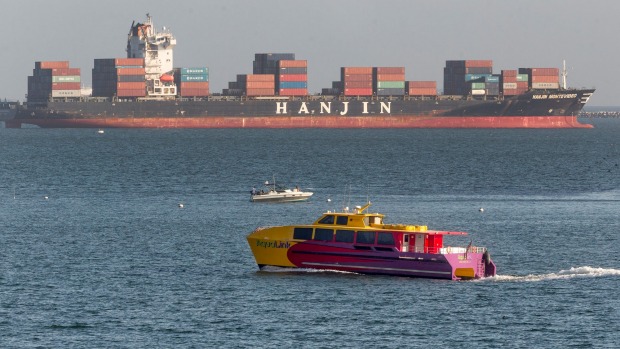 A Hanjin Shipping container anchored outside the Port of Long Beach in Long Beach California. Retailers fear for the