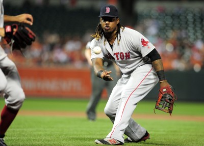 Hanley Ramirez flips the ball to David Price in the first inning of the Red Sox&#039 win Thursday night