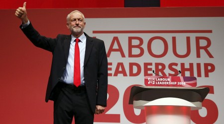 The leader of Britain's opposition Labour Party Jeremy Corbyn reacts after the announcement of his victory in the party's leadership election in Liverpool Britain