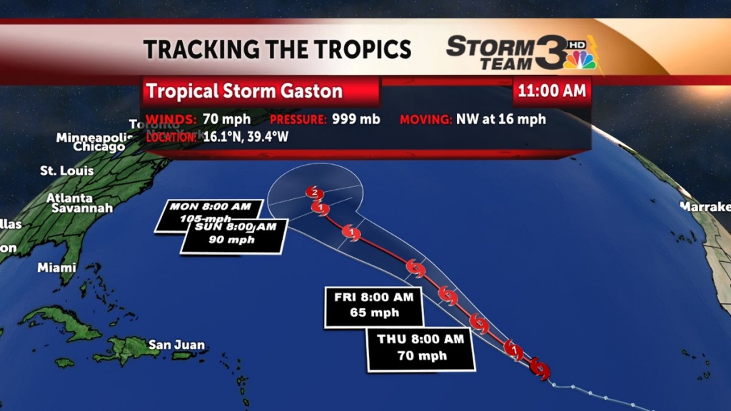 Here is the 11am Wednesday update and forecast track on tropical storm Gaston