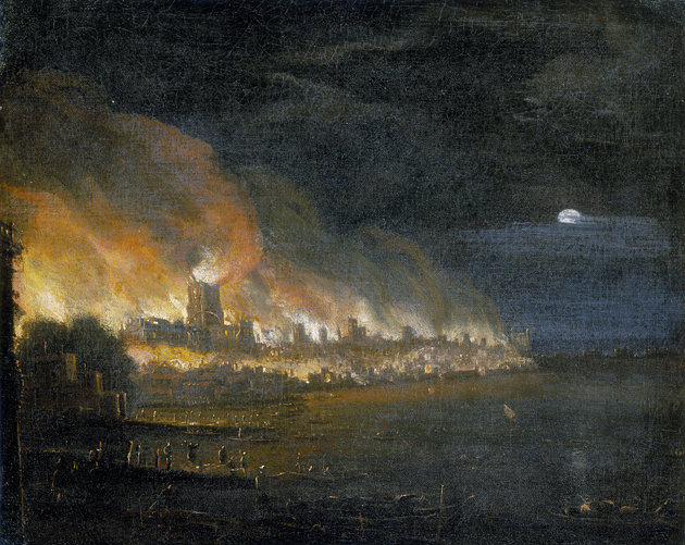 Heritage Images via Getty Images
London can seen burning during the Great Fire in a painting from the time