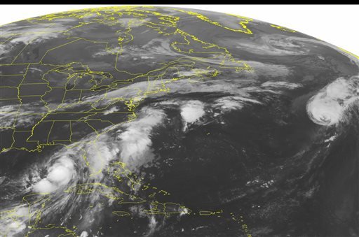 12:45 AM EDT shows large amounts of thunderstorm activity occurring offshore of the southeastern United States extending offshore of the Mid-Atlantic. Tropical Storm Hermine is also observed