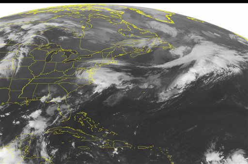 This NOAA satellite image taken Saturday Sept. 3 2016 at 12:45 AM EDT shows Tropical Storm Hermine over coastal Carolina and Virginia. Hermine is moving northeast at 22 miles per hour towards the eastern Mid Atlantic and will bring heavy rain and high