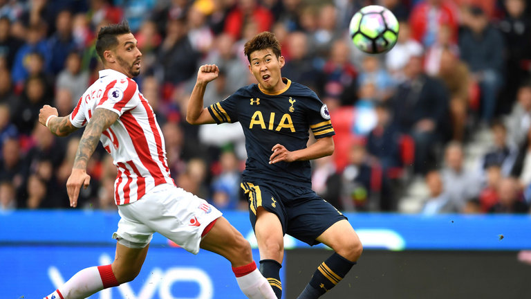 Heung-Min Son scores Tottenham's second goal of the 4-0 win at Stoke