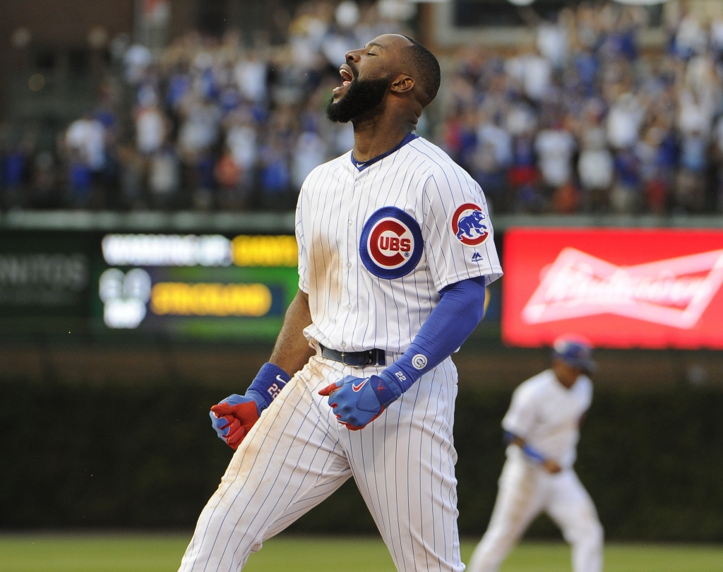 Chicago Cubs Jason Heyward reacts after hitting a game-winning single against the San Francisco Giants during the thirteenth inning of a baseball game Sunday Sept. 4 2016 in Chicago. The Cubs won 3-2