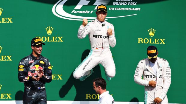 High and mighty Mercedes driver Nico Rosberg celebrates his win