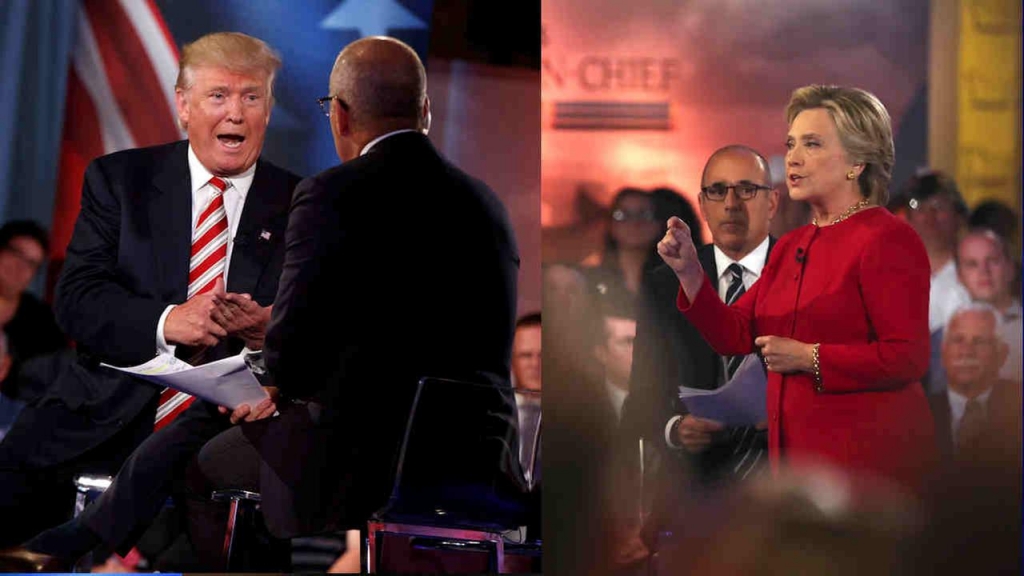 Candidates Donald Trump and Hillary Clinton spoke with Today show co-anchor Matt Lauer at the NBC Commander-In-Chief Forum held at the Intrepid Sea Air and Space museum