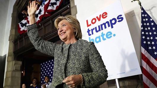 Democratic presidential nominee former Secretary of State Hillary Clinton greets supporters after delivering a speech at Temple University