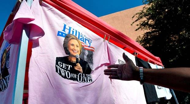 A vendor displays T-shirts for sale before former U.S. President Bill Clinton speaks on behalf of his wife Democratic presidential candidate Hillary Clinton at a campaign event at the College of Southern Nevada in North Las Vegas Nevada U.S. September