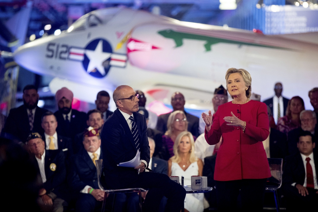 Democratic presidential candidate Hillary Clinton with 'Today&apos show co-anchor Matt Lauer left speaks at the NBC Commander-In-Chief Forum held at the Intrepid Sea Air and Space museum aboard the decommissioned aircraft carrier Intrepid New Y