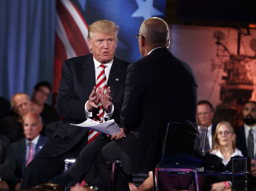 Republican presidential candidate Donald Trump speaks with'Today show co-anchor Matt Lauer at the NBC Commander-In-Chief Forum held at the Intrepid Sea Air and Space museum aboard the decommissioned aircraft carrier Intrepid New York Wednesday Sept