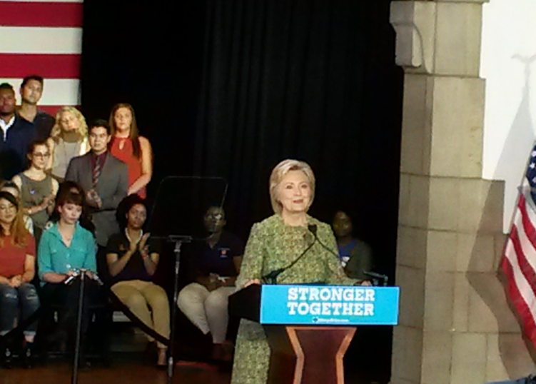 Hillary Clinton visited Temple University Monday morning to kill two birds with one stone