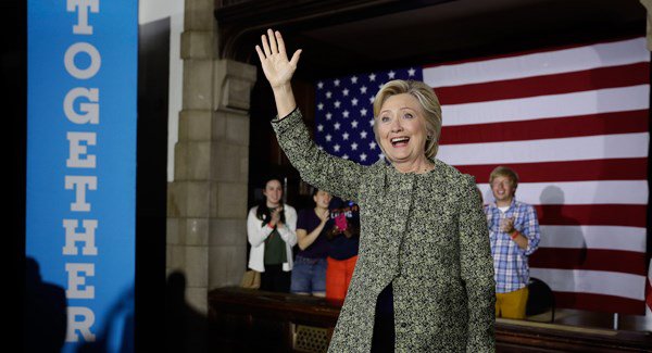 Hillary Clinton waves at a campaign stop at Temple University in Philadelphia Monday Sept. 19 2016