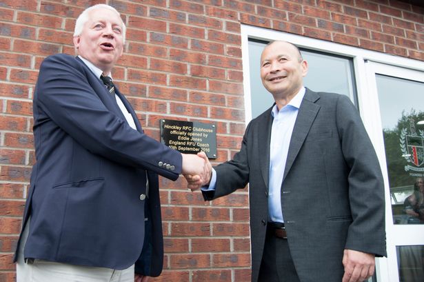 Hinckley RFC chairman John Tilley and England Head Coach Eddie Jones at the opening of the new clubhouse