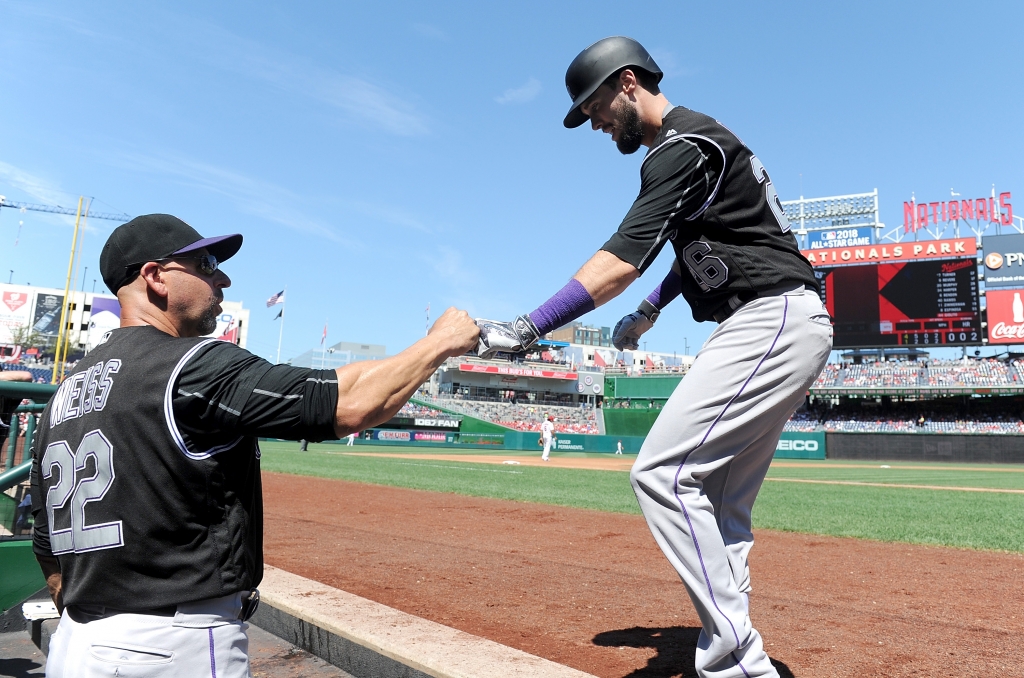 WASHINGTON DC- AUGUST 28 David Dahl #26 of the Colorado Rockies celebrates with manager Walt Weiss #22 after hitting a home run in the third inning against the Washington Nationals at Nationals Park