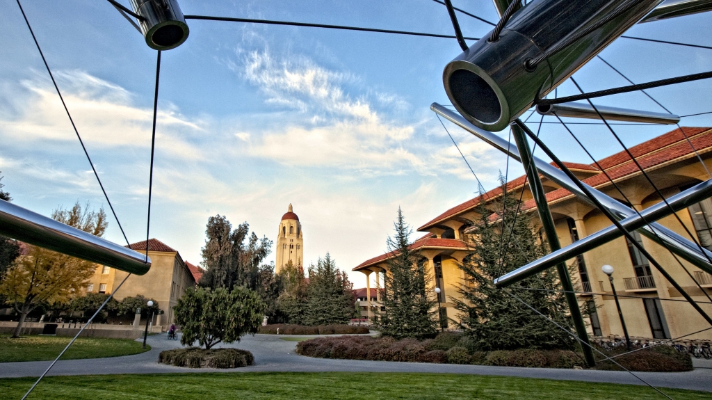 Hoover Tower is seen through a sculpture by Kenneth Snelson on the campus of Stanford University in Palo Alto Calif. in 2009