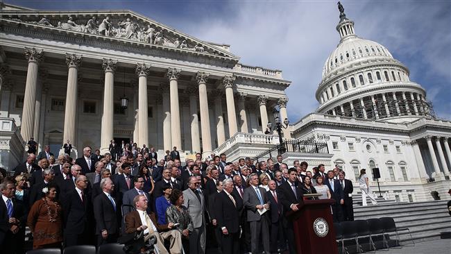 Members of the US House of Representatives on the steps of the Capitol for a ceremony marking the anniversary of the September 11th attacks