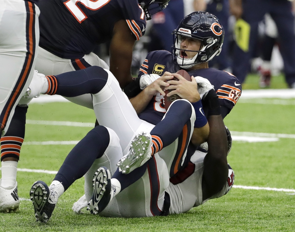 Chicago Bears quarterback Jay Cutler is sacked by Houston Texans outside linebacker Whitney Mercilus bottom during the first half of an NFL football game Sunday Sept. 11 2016 in Houston