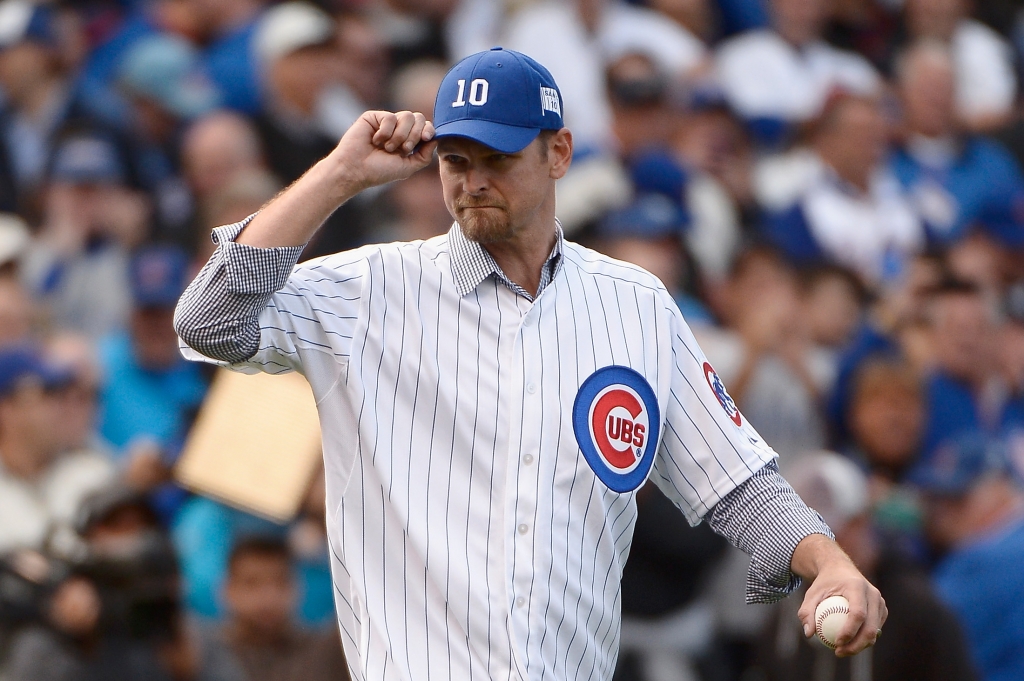 Former Chicago Cubs pitcher Kerry Wood is introduced prior to game four of the National League Division Series between the Chicago Cubs and the St. Louis Cardinals at Wrigley Field