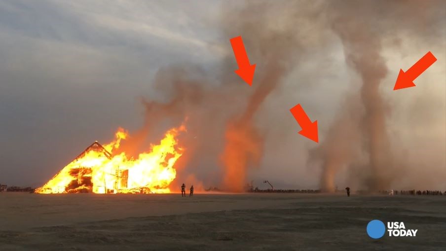 Huge wooden pyramids were set ablaze at Burning Man causing dust devils