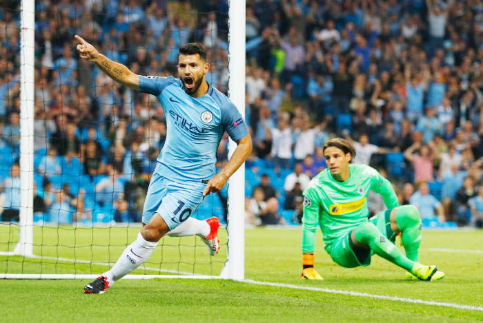 Manchester City’s Sergio Aguero celebrates scoring a goal against Borussia Monchengladbach during their UEFA Champions League match at Etihad Stadium Manchester England Wednesday. — Reuters