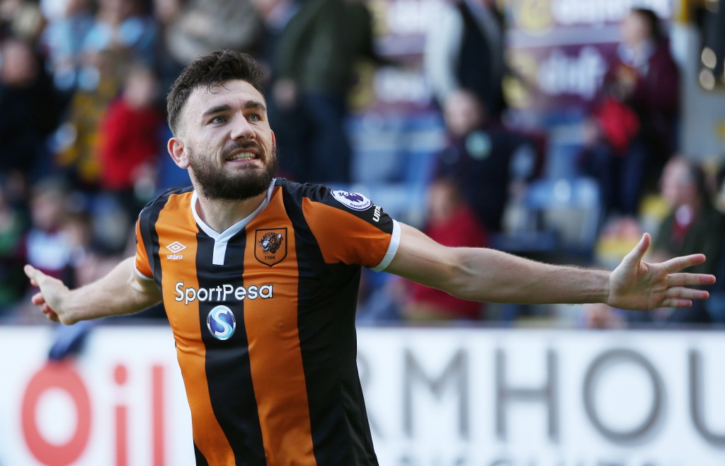 BURNLEY ENGLAND- SEPTEMBER 10 Robert Snodgrass of Hull City celebrates scoring his sides first goal during the Premier League match between Burnley and Hull City at Turf Moor