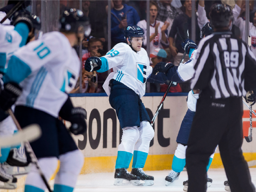 Team Europe's Leon Draisaitl celebrates his game-winning overtime goal against the Czech Republic on Sept. 19