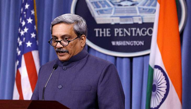 Indian Defense Minister Manohar Parrikar speaks during a joint news conference with Defense Secretary Ash Carter at the Pentagon Monday 29 Aug