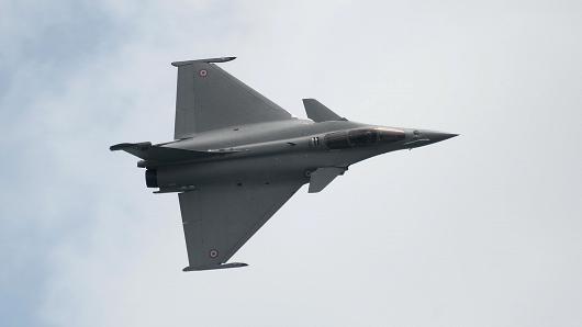 A French fighter jet the Dassault Rafale performs an aerial display