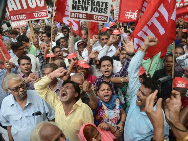 The strike call was given by the central trade unions to demand higher minimum wage social security for unorganised sector among other demands