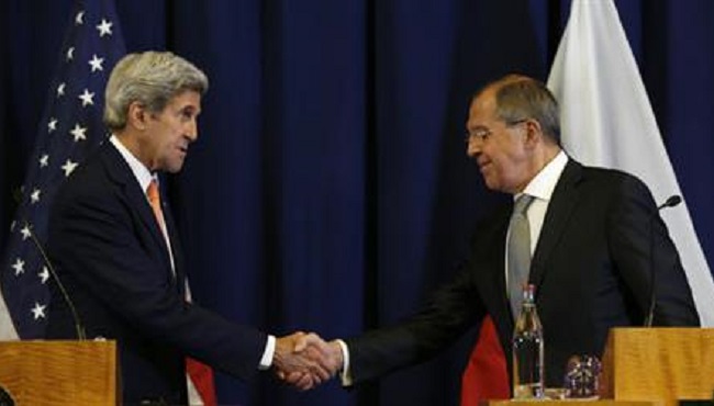 Secretary of State John Kerry left and Russian Foreign Minister Sergei Lavrov shake hands at the conclusion of a joint press conference following their meeting in Geneva Switzerland Friday Sept. 9 2016