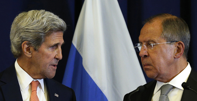 Secretary of State John Kerry talks with Russian Foreign Minister Sergei Lavrov during their joint news confere