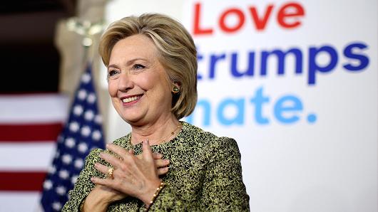 Democratic presidential candidate Hillary Clinton reacts after speaking at a campaign event at Temple University in Philadelphia Pennsylvania