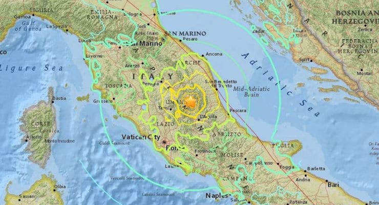 The U.S. Geological Survey measured the magnitude 6.2 earthquake in Italy and pegged the epicenter at Norcia located roughly 105 miles northeast of Rome. The earthquake in Italy had a depth of about 6 miles