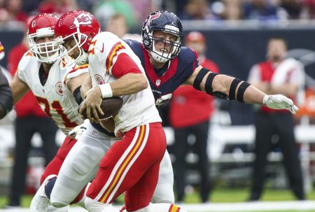 J.J. Watt sacks Kansas City Chiefs quarterback Alex Smith during the first quarter