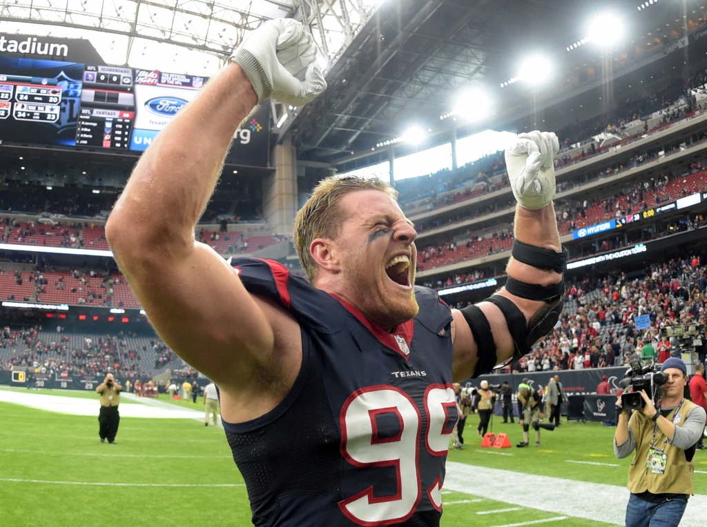 Jan 3 2016 Houston TX USA Houston Texans defensive end J.J. Watt celebrates defeating the Jacksonville Jaguars 30-6 to win the AFC South Division at NRG Stadium. Mandatory Credit Kirby Lee-USA TODAY Sports