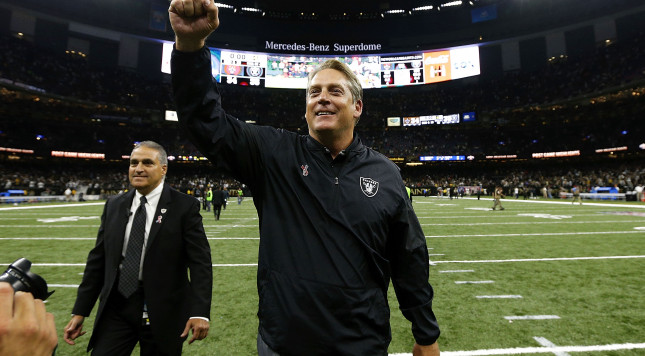 NEW ORLEANS LA- SEPTEMBER 11 Head coach Jack Del Rio of the Oakland Raiders celebrates after winning a game against the New Orleans Saints at Mercedes Benz Superdome