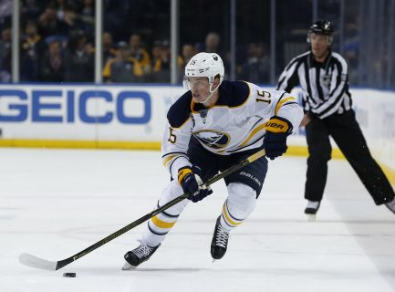 Mar 8 2016 Buffalo NY USA Buffalo Sabres center Jack Eichel skates up ice with the puck during the second period against the New York Rangers at First Niagara Center. Mandatory Credit Kevin Hoffman-USA TODAY Sports