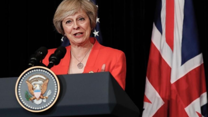 British Prime Minister Theresa May talks to media with U.S. President Barack Obama after their bilateral meeting in Hangzhou in eastern China's Zhejiang province Sunday Sept. 4 2016 alongside the G20