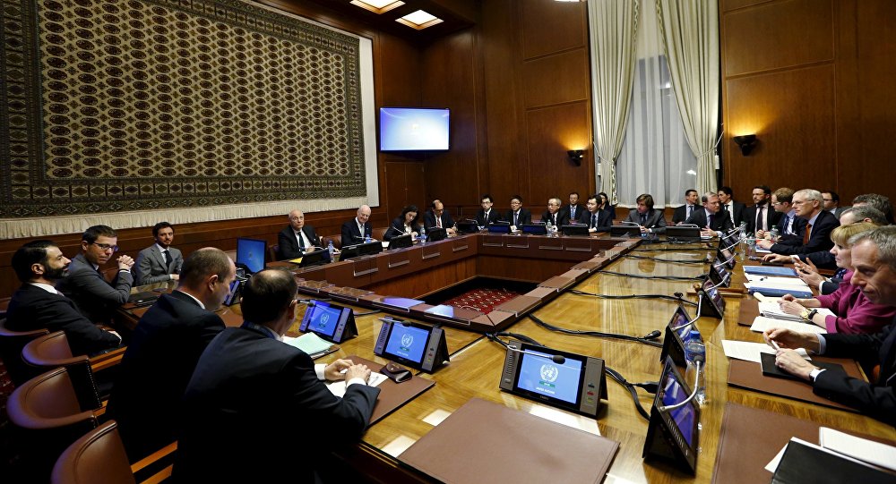 General view of United Nations Special Envoy for Syria Staffan de Mistura attending a meeting on Syria with representatives of the five permanent members of the Security Council at the United Nations European headquarters in Geneva Switzerlan