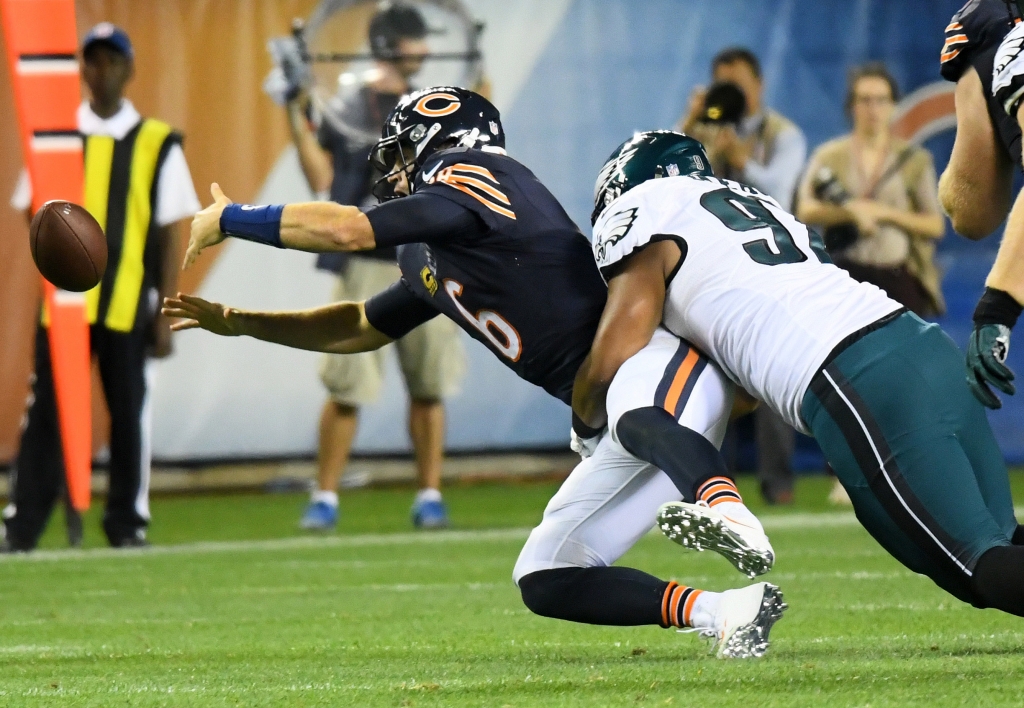 Sep 19 2016 Chicago IL USA Philadelphia Eagles defensive tackle Destiny Vaeao makes Chicago Bears quarterback Jay Cutler fumble the ball during the second half at Soldier Field. The Eagles won 29-14. Mandatory Credit Mike DiNovo-USA TODAY S