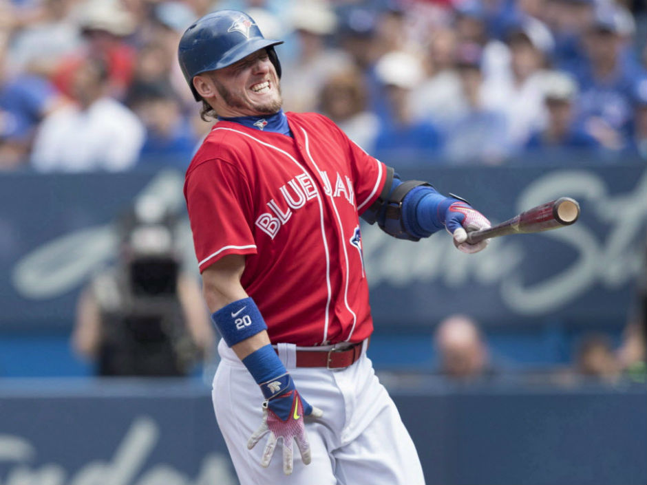 Toronto Blue Jays’ Josh Donaldson reacting after fouling a pitch off his foot during a recent game missed his third straight game on Wednesday and his return to the lineup will depend on results of an MRI on his hip