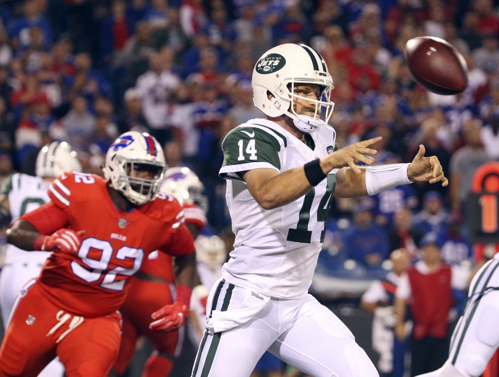 New York Jets quarterback Ryan Fitzpatrick passes against the Buffalo Bills during the first half an NFL football game Thursday Sept. 15 2016 in Orchard Park N.Y