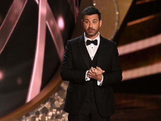 Jimmy Kimmel delivers the opening monologue during 68th Emmy Awards at the Microsoft Theater