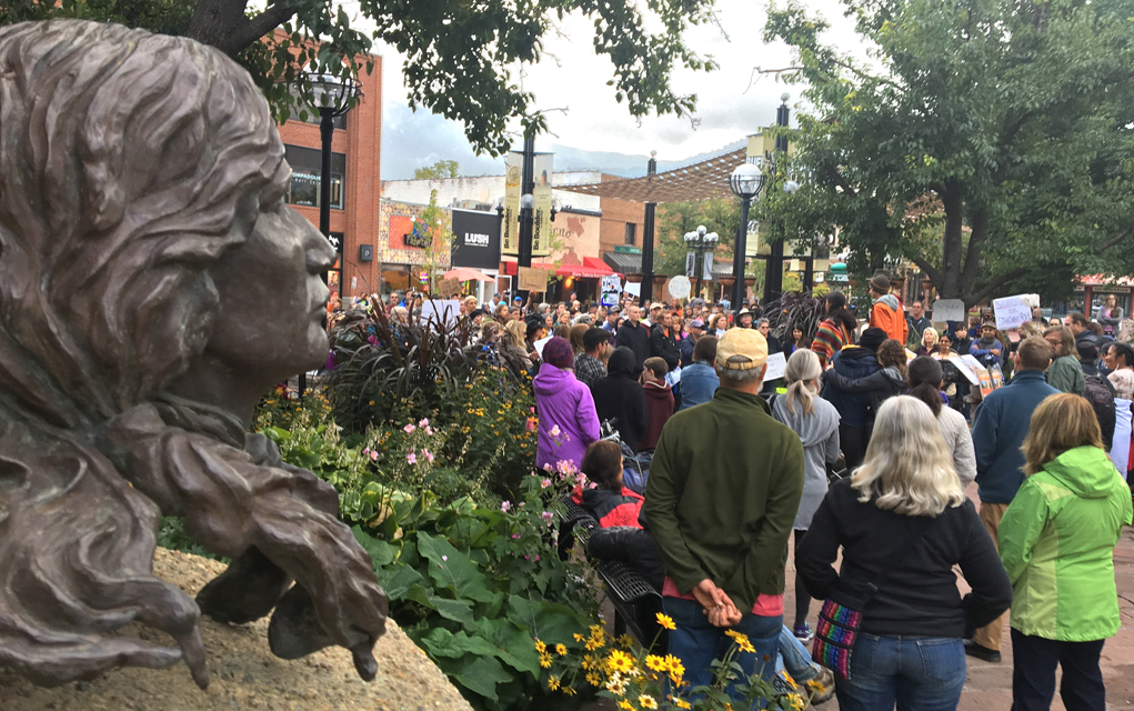 Approximately 150 people gathered in front of the Boulder County Courthouse on Tuesday to show solidarity with Dakota Access pipeline protesters in North Dakota. The protest was held next to the statue erected in 1980 as a tribute to Chief Niwot the Arap