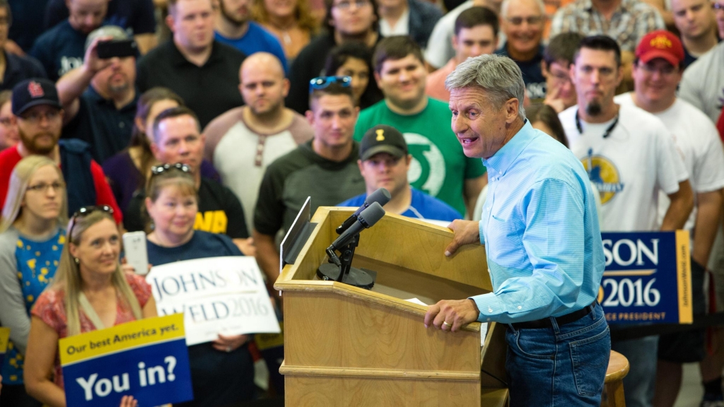 Libertarian presidential candidate Gary Johnson speaks during a campaign rally earlier this month at Grand View University in Des Moines Iowa