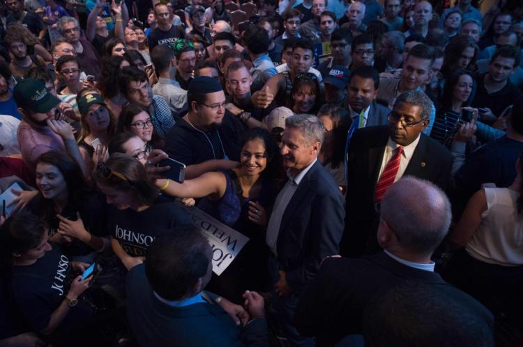 Johnson greets supporters at a rally on Saturday in Times Square in New York City