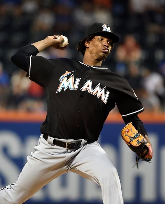 Miami Marlins starting pitcher Jose Urena delivers against the New York Mets in the first inning of a baseball game Thursday Sept. 1 2016 in New York