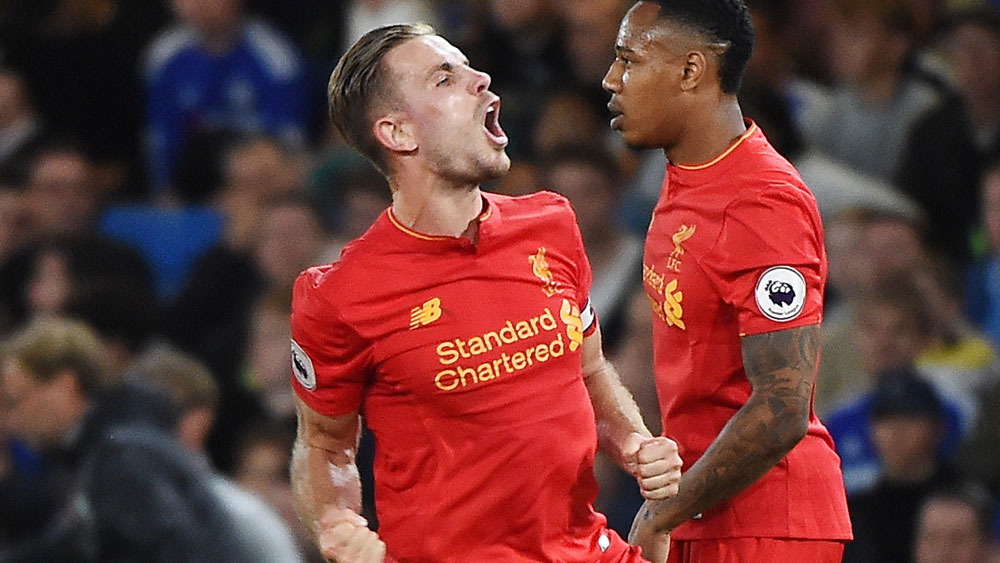 Jordan Henderson celebrates his goal against Chelsea